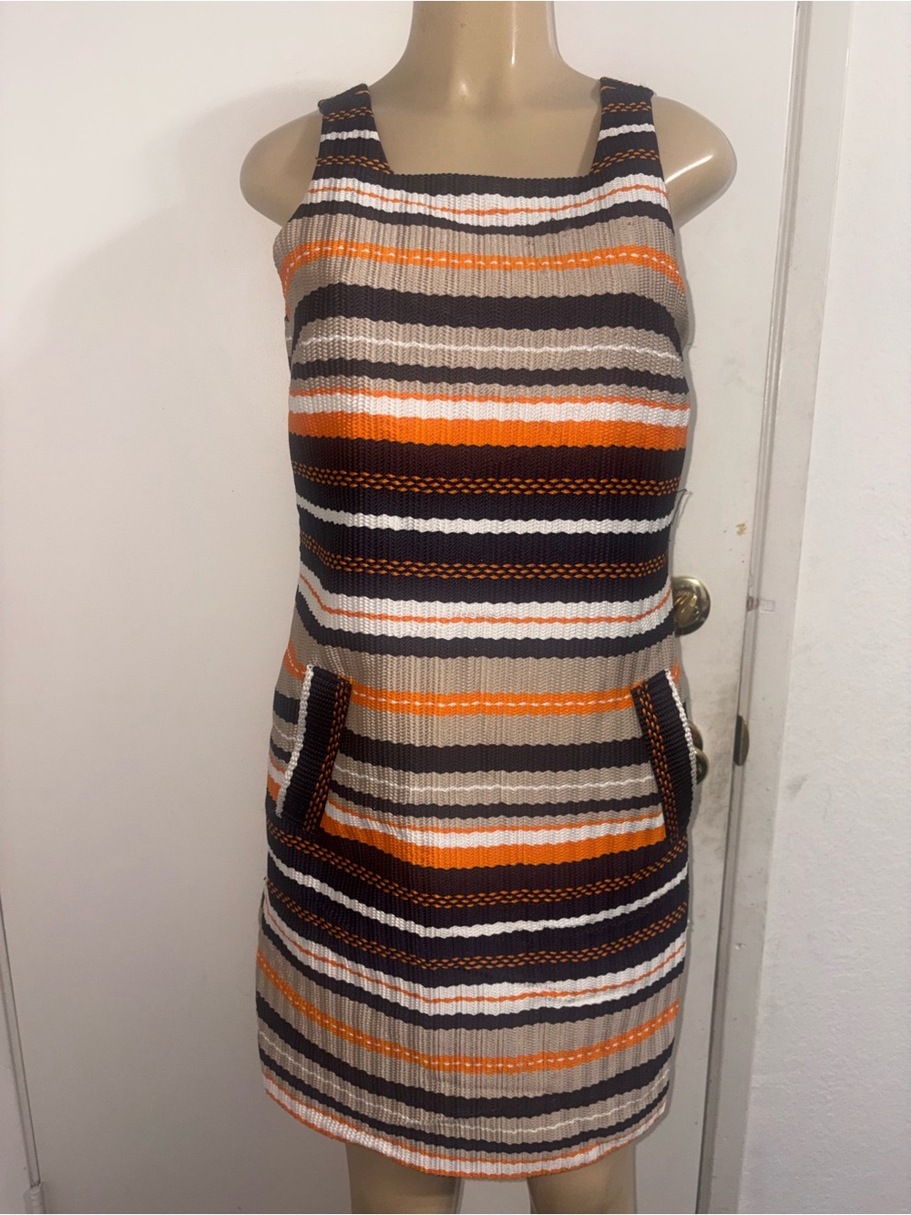Striped Knit Tank Dress in Orange, Black & Cream